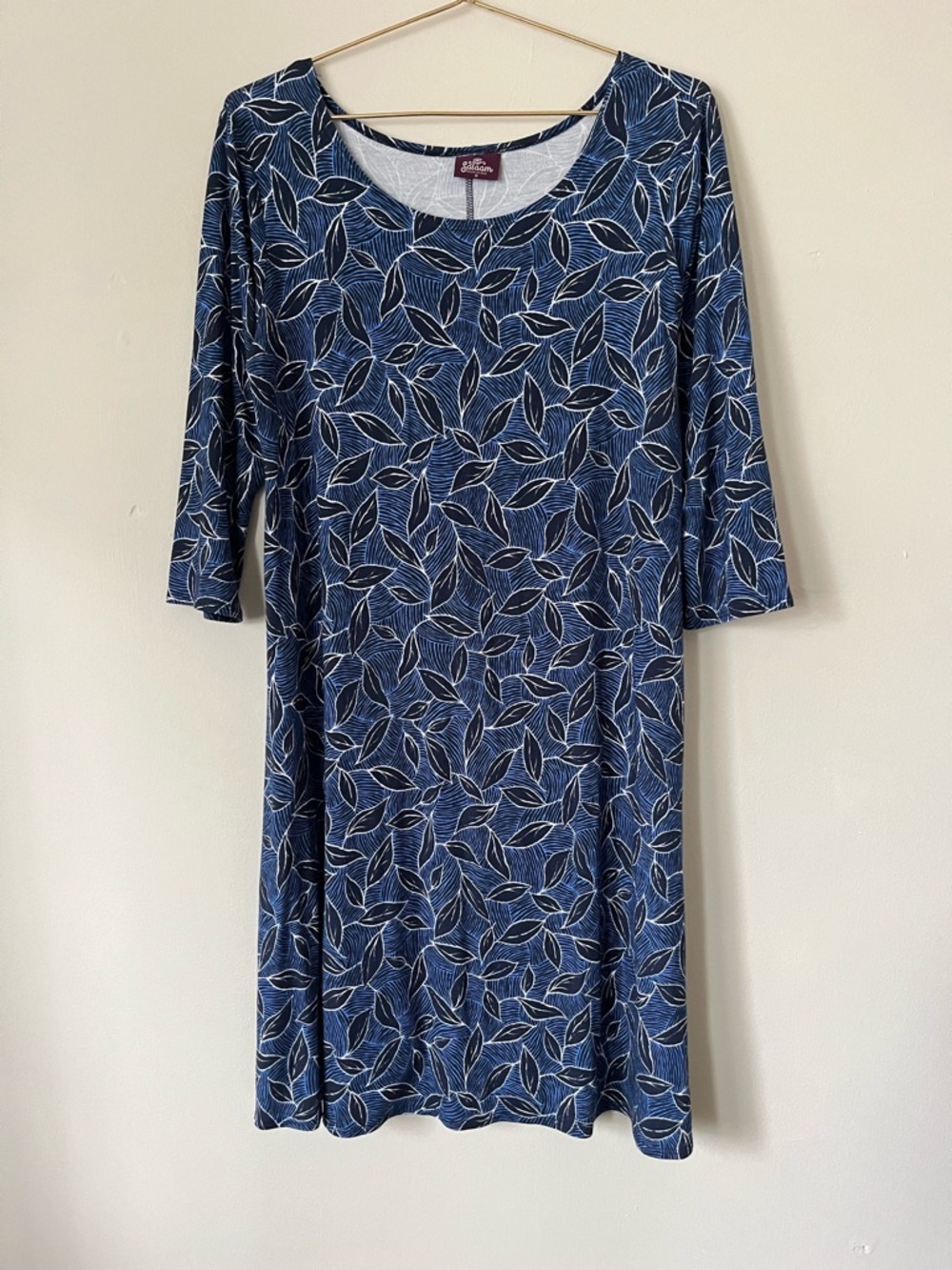 Salaam Blue spring Leaf-Print Scoop Neck Dress size M